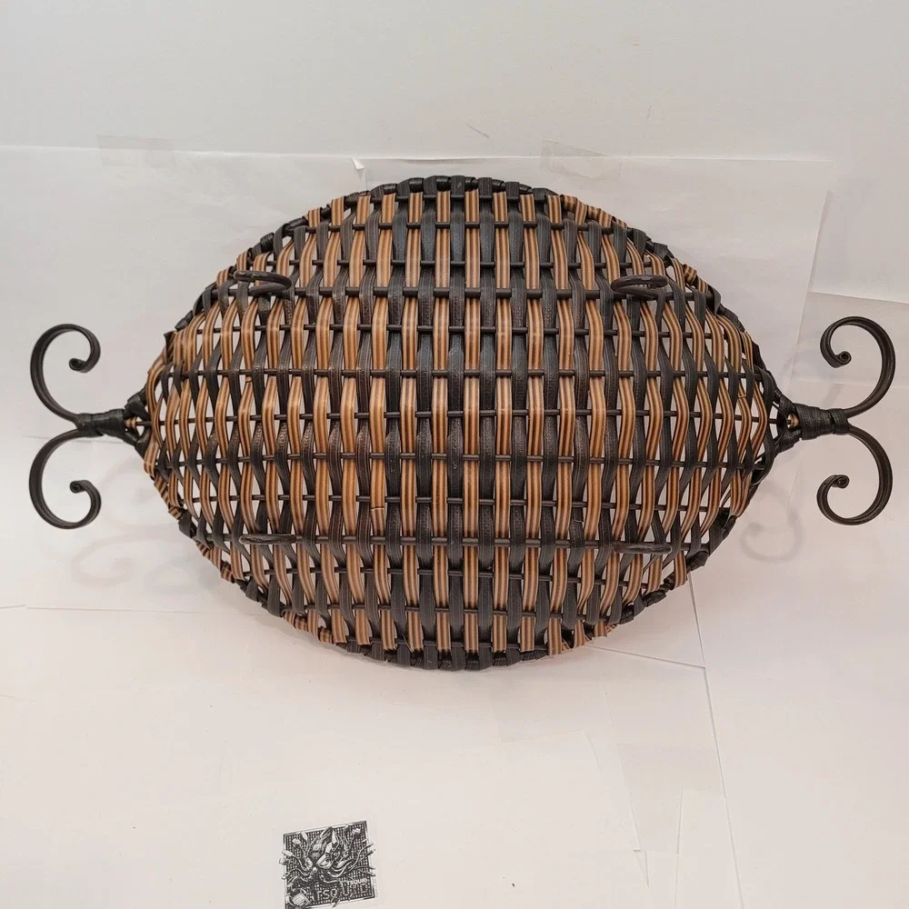 Unbranded Woven Metal Footed‎ Basket Home Decor Brown Black Scroll Handles